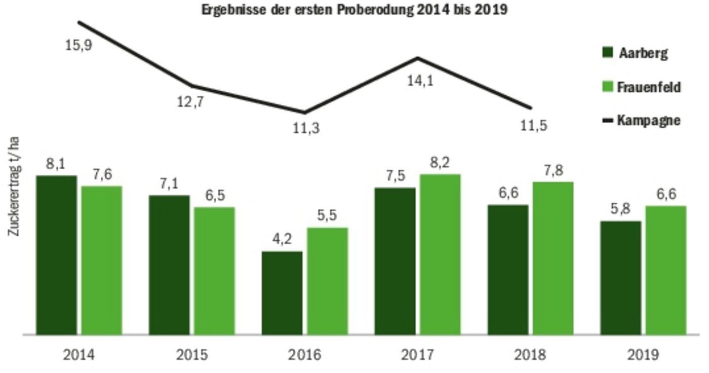Die aktuell ermittelten Zuckererträge liegen unter dem fünfjährigen Durchschnitt. (Quelle SZU/Grafik BauZ)