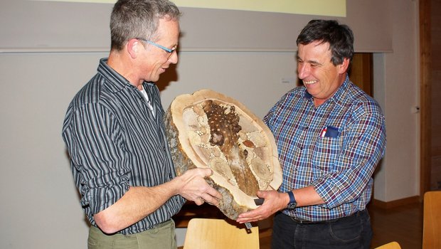 Präsident Peter Stadelmann überreicht Toni Moser ein Wildbienenhotel für 30 Jahren Tätigkeit als Berater und Aktuar für die "Entlebucher Kräuter". (Bild Sandra Steffen)