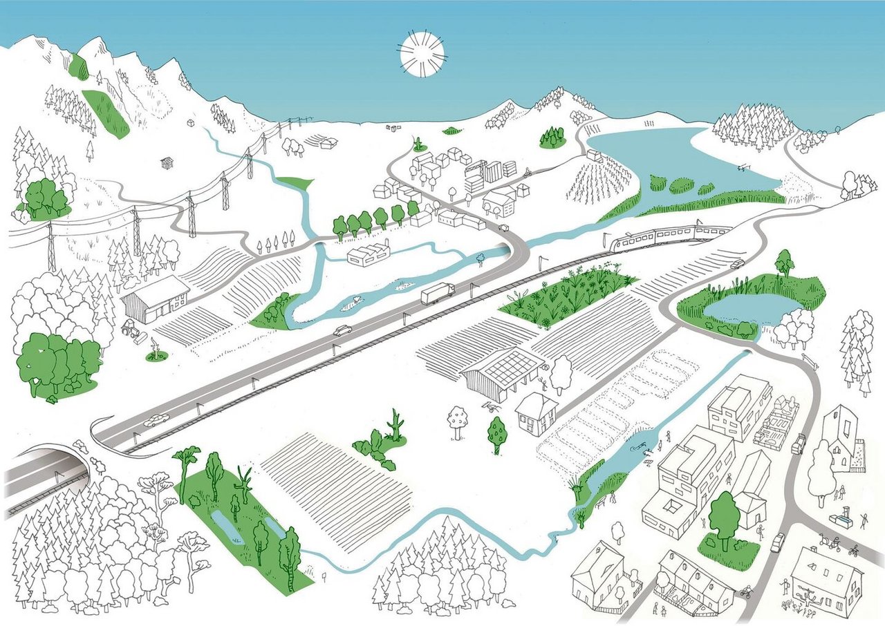 So illustriert die Fachgruppe Ökologische Infrastruktur den Status quo in der Schweiz. In Grün Flächen für die Biodiversität.