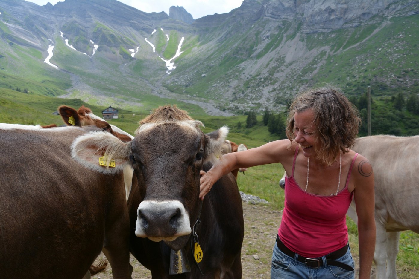 Älplerin Maya Würsch mit ihren Tieren vor der Alphütte. Auf eine andere Alp als Obersihl würde sie nicht gehen, «die Gegend mit der Sihl gehört zu mir». Auch das Rindvieh zieht sie dem Kleinvieh vor. (Bilder Franziska Jurt)