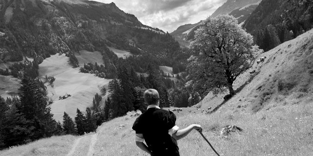 Hansueli steht zwischen dem Hohgant, der Schrattenfluh und dem Brienzer Rothorn, seine Kühe auf der Alpauffahrt herbeirufend. (Bild Pinaki)