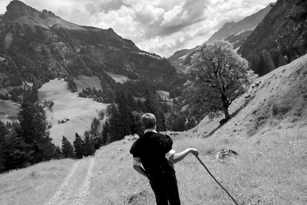 Pinakis Welt: Heimat ist ein Weg zwischen Alp und Tal Hansueli steht zwischen dem Hohgant, der Schrattenfluh und dem Brienzer Rothorn, seine Kühe auf der Alpauffahrt herbeirufend. (Bild Pinaki)