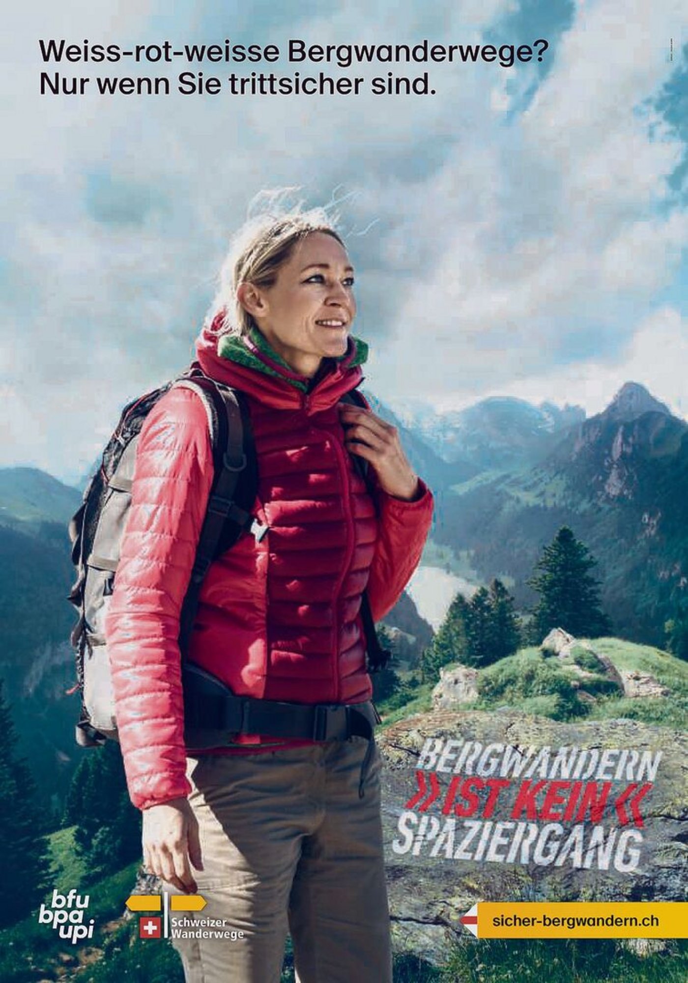 Sicher in den Bergen unterwegs: ein Bild der Plakat-Kampagne der Beratungsstelle für Unfallverhütung.