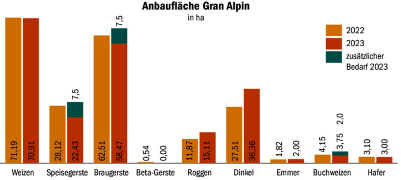 Insgesamt beträgt die Anbaufläche über 200 ha. Grössten Anteil davon hat der Bergweizen. Zusätzliche Anbauflächen sind für Speise- und Braugerste sowie Buchweizen nötig. 