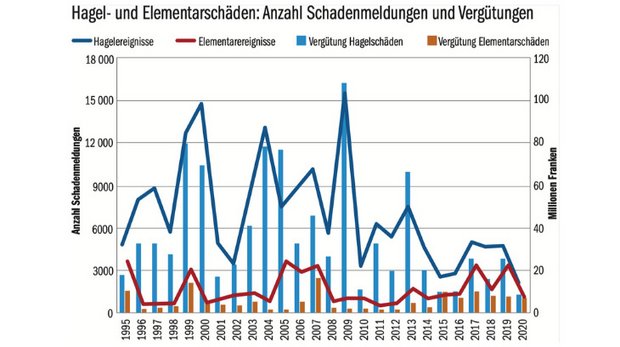Landwirtschaft in Zahlen: Nach Hagel Schadensumme von 65 Mio Franken Vom 1. Juni bis 15. Juli gingen 9000 Schadenmeldungen ein. (Grafik agristat/BauZ)