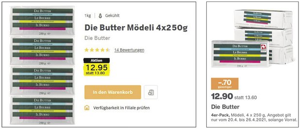 Butter-Aktionitis im Detailhandel trotz Mangelsituation und Importen Purer Zufall? Nur eine Woche nach der Aktion von Migros (rechts) präsentierte auch Coop ein Sonderangebot für vier Mödeli «Die Butter». Einziger Unterschied: 5 Rp. Preisdifferenz. (Bild Screenshots)