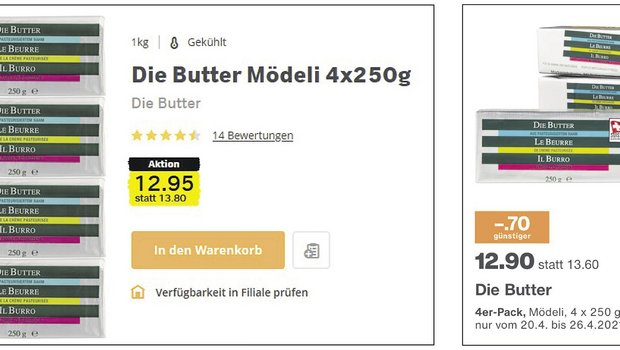 Purer Zufall? Nur eine Woche nach der Aktion von Migros (rechts) präsentierte auch Coop ein Sonderangebot für vier Mödeli «Die Butter». Einziger Unterschied: 5 Rp. Preisdifferenz. (Bild Screenshots)