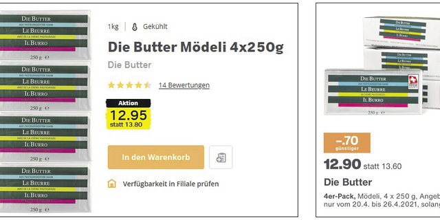 Purer Zufall? Nur eine Woche nach der Aktion von Migros (rechts) präsentierte auch Coop ein Sonderangebot für vier Mödeli «Die Butter». Einziger Unterschied: 5 Rp. Preisdifferenz. (Bild Screenshots)