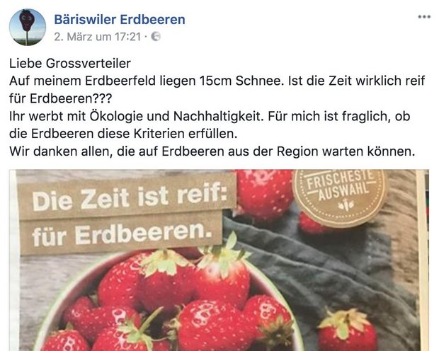 Nicht alles ist aus der Region und für die Region: Die Migros kriegt via Facebook dicke Post. (Screenshot Facebook Bäriswiler Erdbeeren).