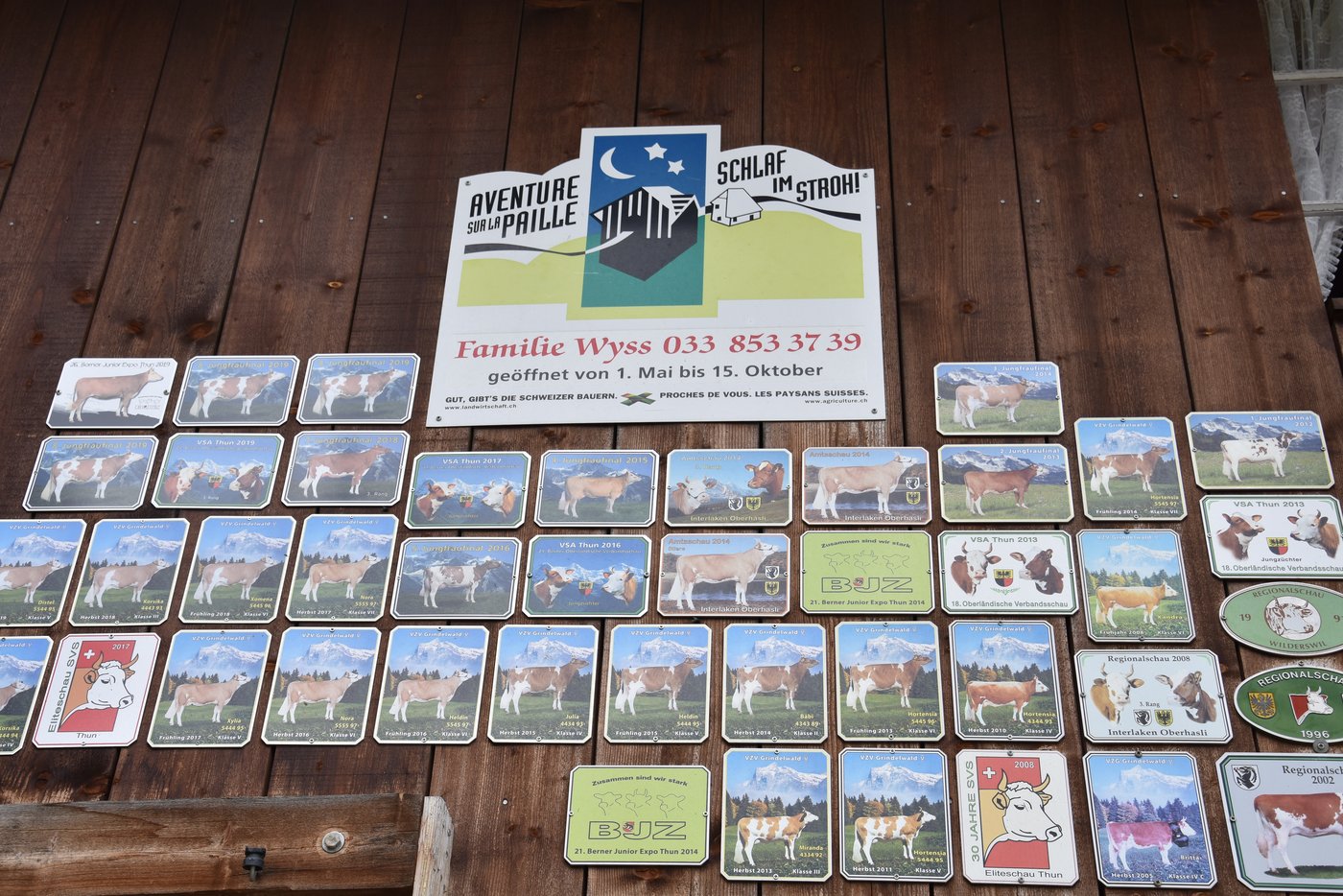 Die Schilder an der Stallwand zeigen die Zuchttradition und weisen auf das Angebot «Schlafen im Stroh» hin. (Bild Lisa McKenna)