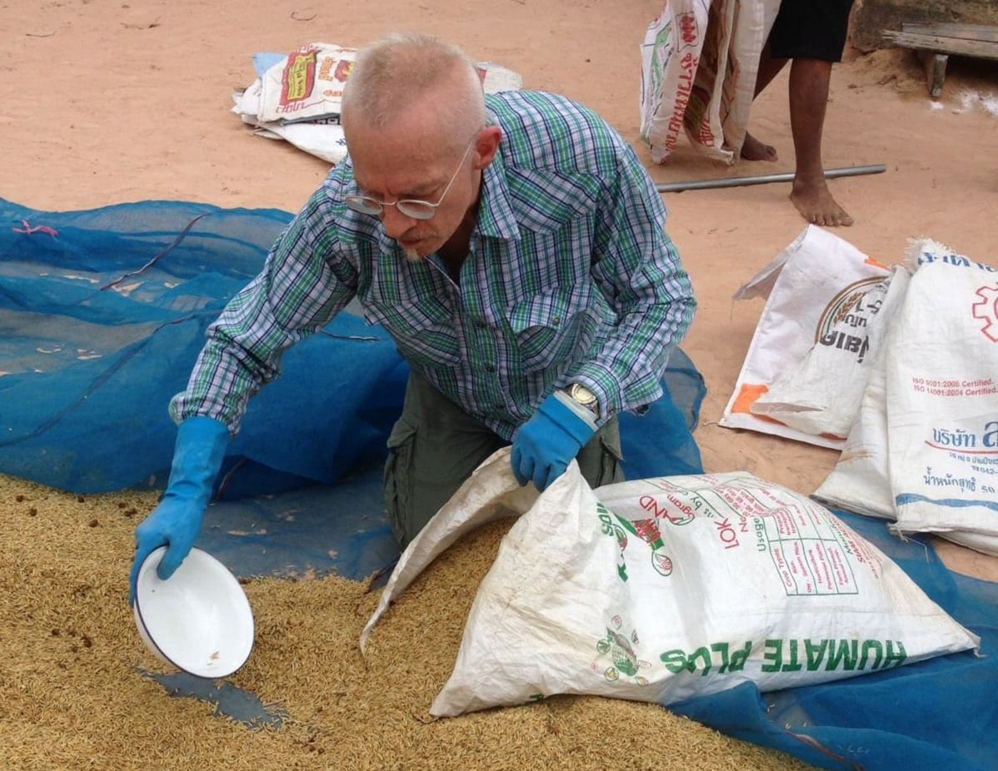 Kurz vor dem Regen: Unser Reporter beim Einpacken des Jasminreises. (Bild zVg)