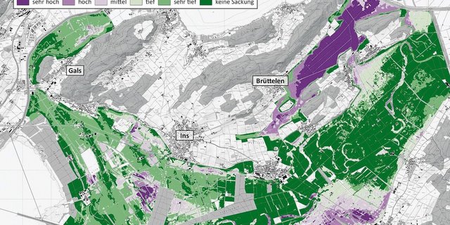 Die violetten Bereiche zeigen, wo noch hohes Potenzial besteht, dass Absackungen des Bodens zu erwarten sind.   