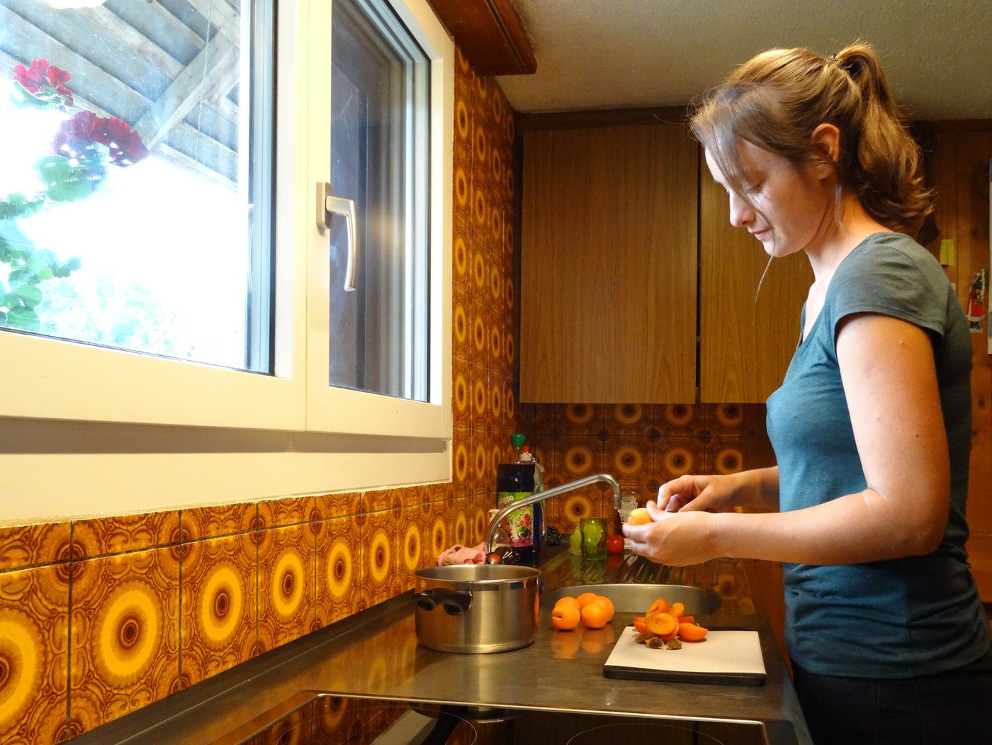 Auf dem Beeren-Hof in Dachsen verarbeitet Tamara Widmer Zwetschgen, Rhabarber und Tomaten in Chutneys und mit den Beeren macht sie Sirup und Konfitüren. Zuhause rüstet sie Aprikosen für eine Wähe.