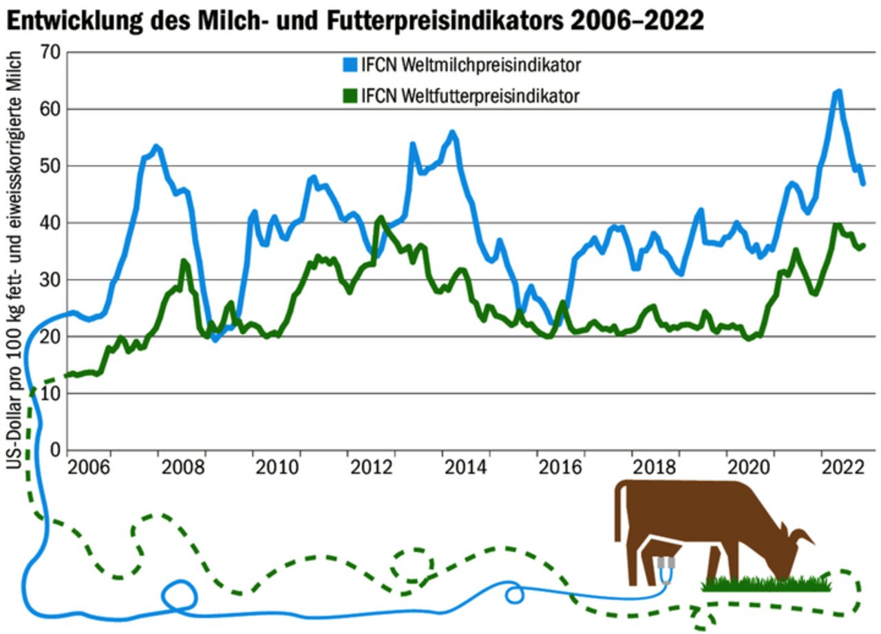 Die Preisindizes des internationalen Forschungsnetzwerks IFCN zeigen eine starke Parallelität zwischen Milchpreisen und Futtermitteln. 