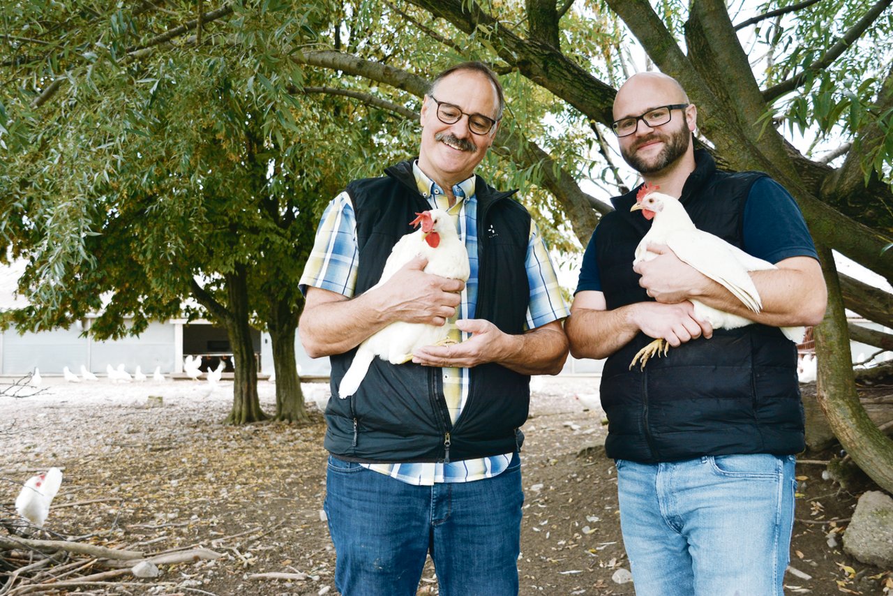 Dem Tierwohl verpflichtet: Paul (links) und Adrian Blum im strukturierten Auslauf ihres Geflügelhofes. (Bilder Armin Emmenegger)