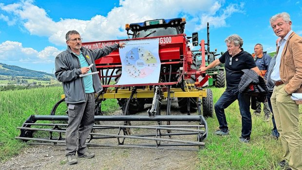 «Jetzt ist der Zeitp «Jetzt ist der Zeitpunkt ideal, um sich Gedanken zur Gründüngungsmischung und Saattechnik zu machen», rät Bernhard Streit, links im Bild, den Teilnehmern des zweiten Produzententags. Er verweist auf das Merkblatt von IP-Suisse zum Anbau von pflanzenschutzmittelfreiem Winterweizen.