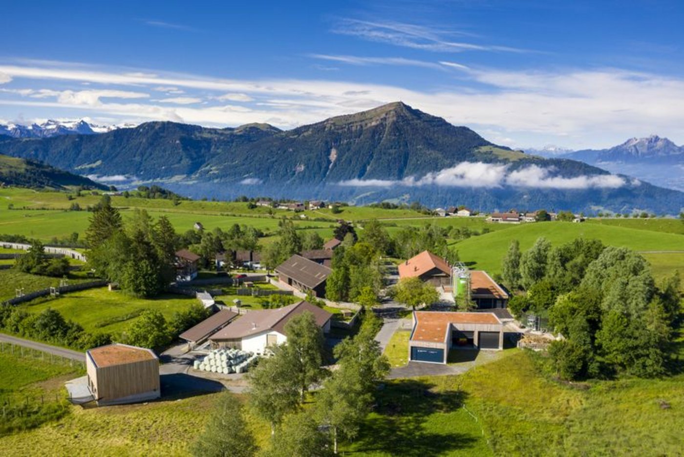 Das Früebüel aus der Luft: Neu gebaut wurden Damwild-Gehege mit Unterstand (vorne links) und eine Remise mit Feuerwehrdepot (vorne rechts). Die übrigen Bauten wurden renoviert und erweitert. (Bild Alessandro Della Bella / ETH / AgroVet-Strickhof)