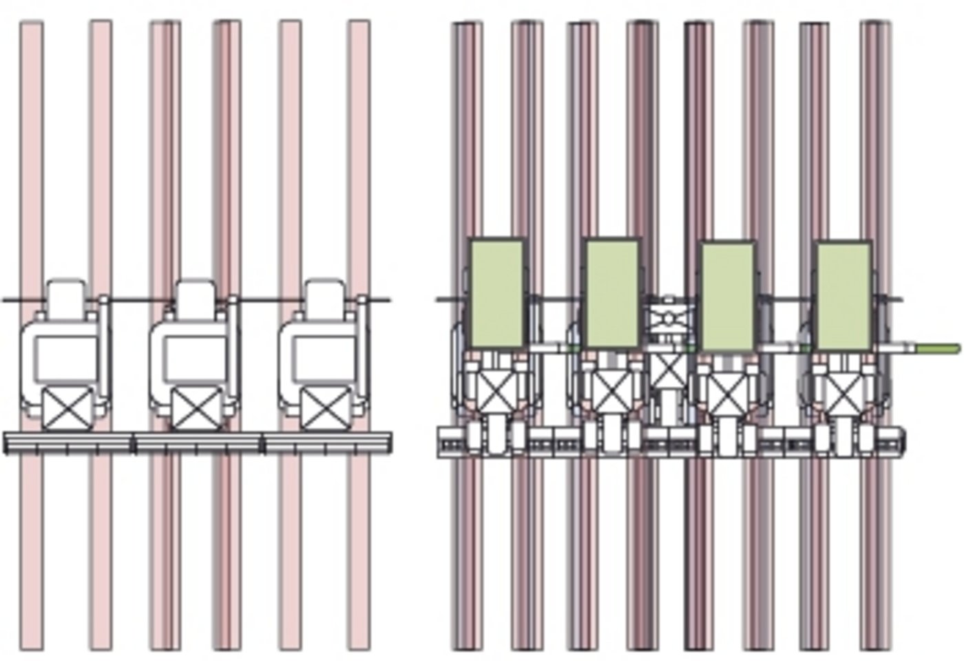 Pflege- und Erntefahrspuren für eine Fruchtfolge mit Winterweizen, -raps und -gerste (links) sowie Silomais (rechts).(Grafik Agroscope)