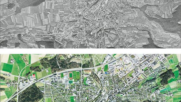 Frauenfeld 1946 und heute: Amerikanische Luftaufnahmen zeigen, wie hart die Zivilisation in die Kulturlandschaft eingreift. Ihr Dorf finden Sie unter www.swisstopo.admin.ch. (Bild Swisstopo)