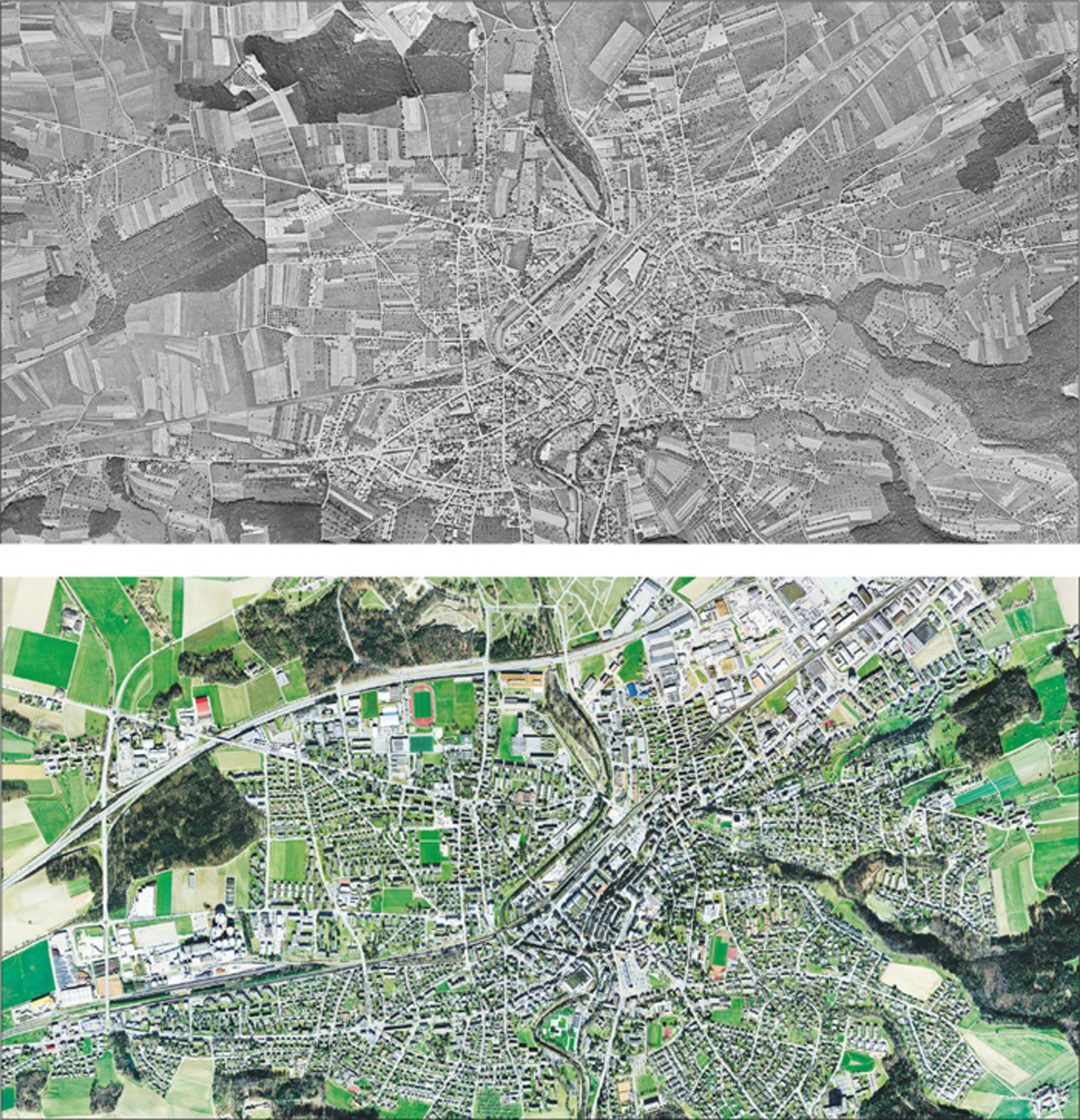 Frauenfeld 1946 und heute: Amerikanische Luftaufnahmen zeigen, wie hart die Zivilisation in die Kulturlandschaft eingreift. Ihr Dorf finden Sie unter www.swisstopo.admin.ch. (Bild Swisstopo)