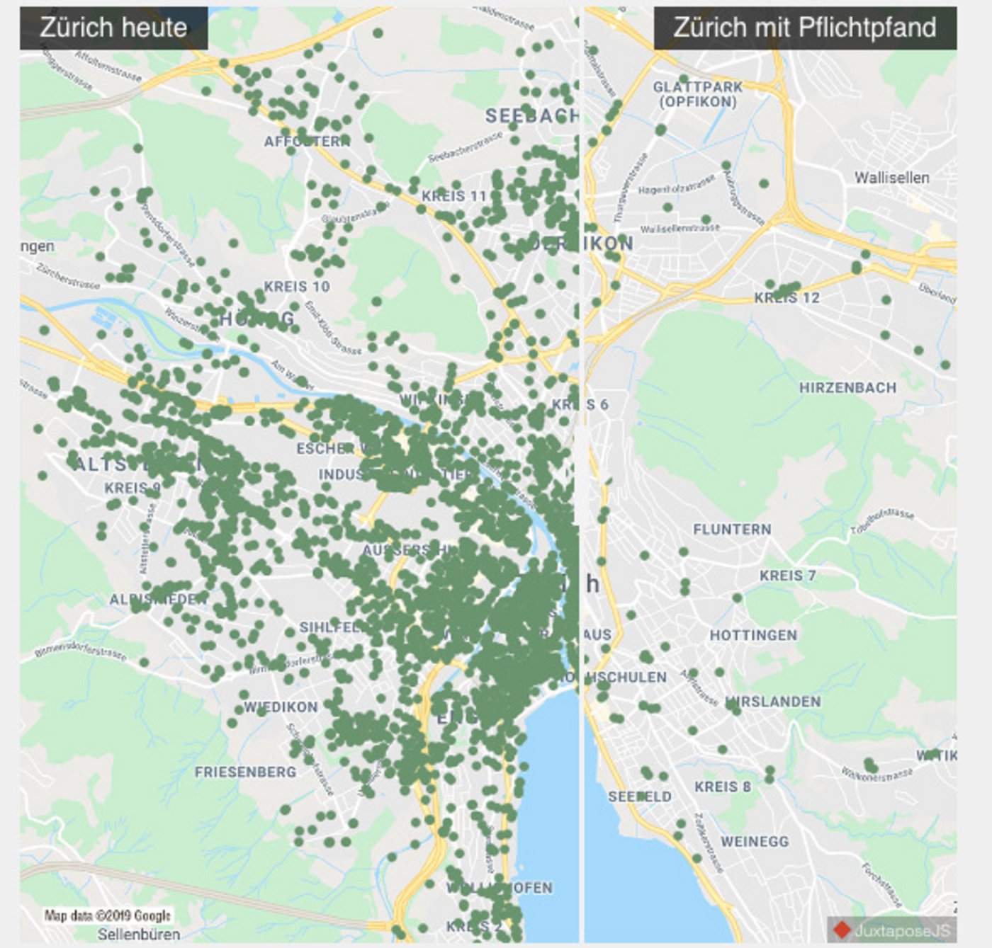 Auf der Seite von Swiss Recycling sieht man die Szenarien, wenn Recycling-Sammelstellen abgebaut würden. Hier am Beispiel der Stadt Zürich. (Screenshot Swiss Recycling)