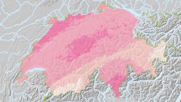 Die Hagelkarte zeigt die Wahrscheinlichkeit für unterschiedliche Hagelkorngrössen (je dunkler die Farbe, desto grösser) in unterschiedlichen Zeiträumen. So zeigt die Karte für 50 Jahre, mit welcher Korngrösse über lange Sicht gesehen im Mittel einmal in 50 Jahren bzw. einer Wahrscheinlichkeit von 2% pro Jahr zu rechnen ist. (Bild Screenshot Karte Meteo Schweiz)