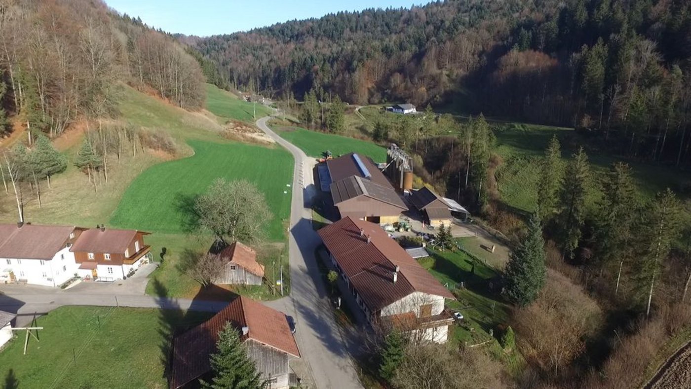 Hier im Tösstal betreiben Hubers Landwirtschaft. Der neue Stall ist hinten an die bisherigen Gebäude angebaut.