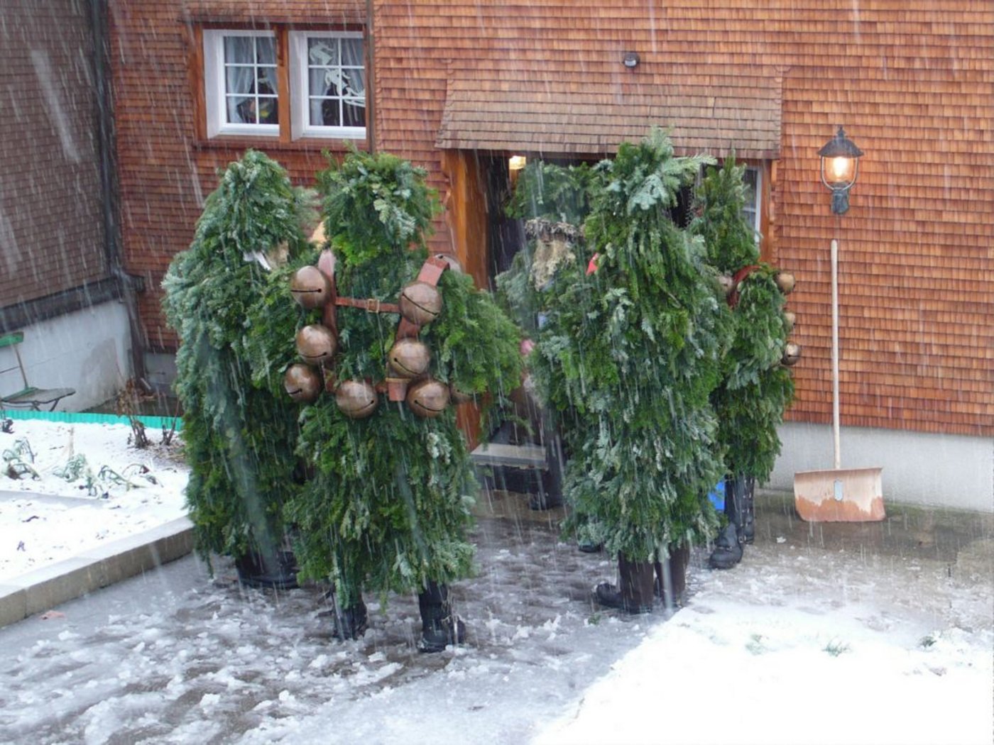 Eine Gruppe wüster Chläuse bei einem Bauernhof.