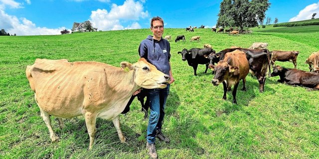 Michael Steiner mit seinen 38 Kühen auf einer Koppelweide. Jede Koppel wird maximal drei Tage bestossen, bei Nässe sogar nur je drei bis vier Stunden morgens und abends. So sorgt er für eine gute Futterbasis. 