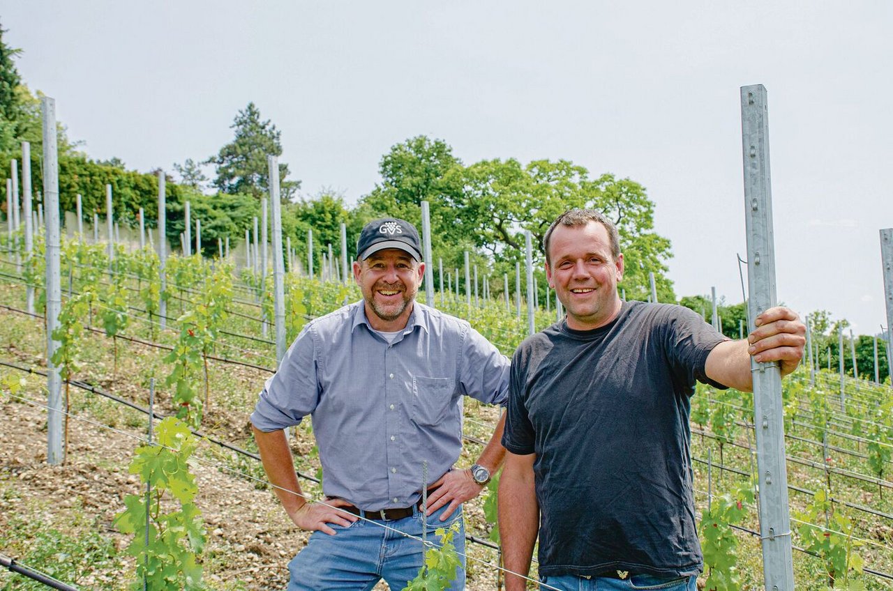 Philippe Brühlmann (l.), Geschäftsführer Weinkellerei GVS Schachenmann AG, realisierte zusammen mit dem Pächter und Winzer Adrian Müller den modernen Rebberg.