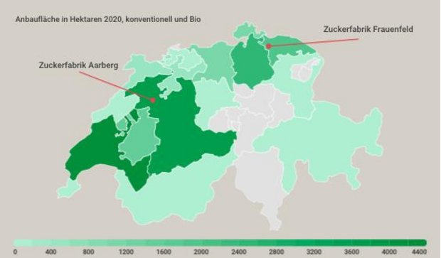 Die Anbauflächen von Zuckerrüben sind sehr ungleichmässig über die Schweiz verteilt. (Grafik lid)
