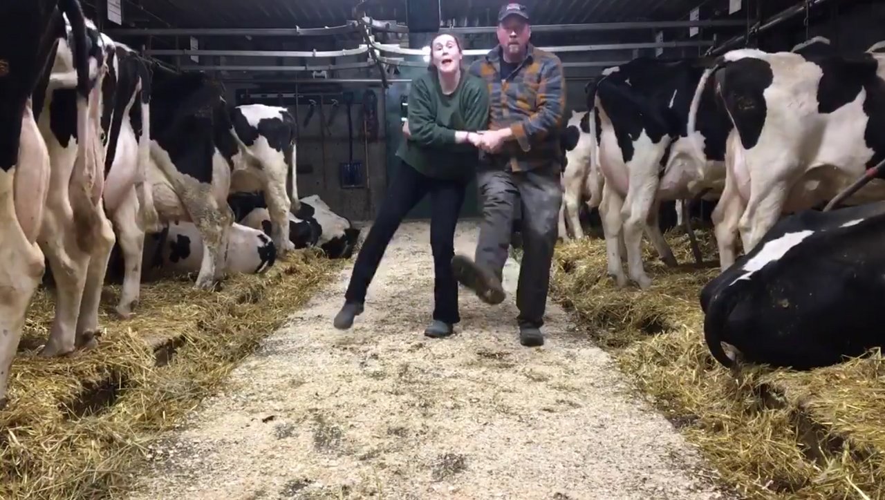 Tim May und seine Tochter schwingen das Tanzbein im Stall. (Bild Screenshot)