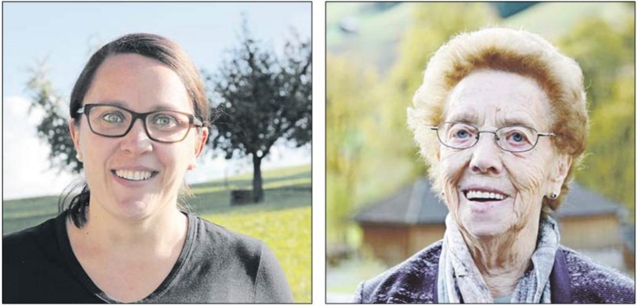 Bäuerinnen heute und früher: Martina Barmettler (links), Jungbäuerin seit Neujahr, und Theres Bleisch, die auf eine lange Zeit als Bäuerin zurückblicken kann. (Bilder asw)