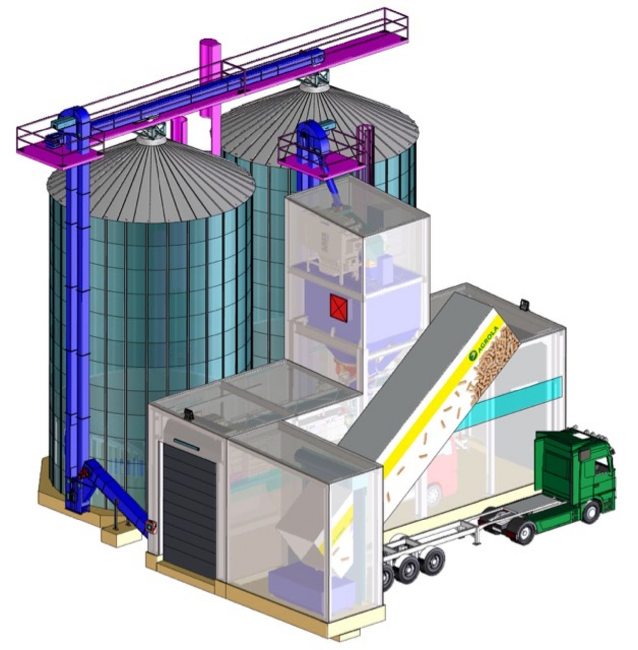 Das Lager umfasst zwei separate Silos, wobei die Lastwagen automatisch beladen werden können.