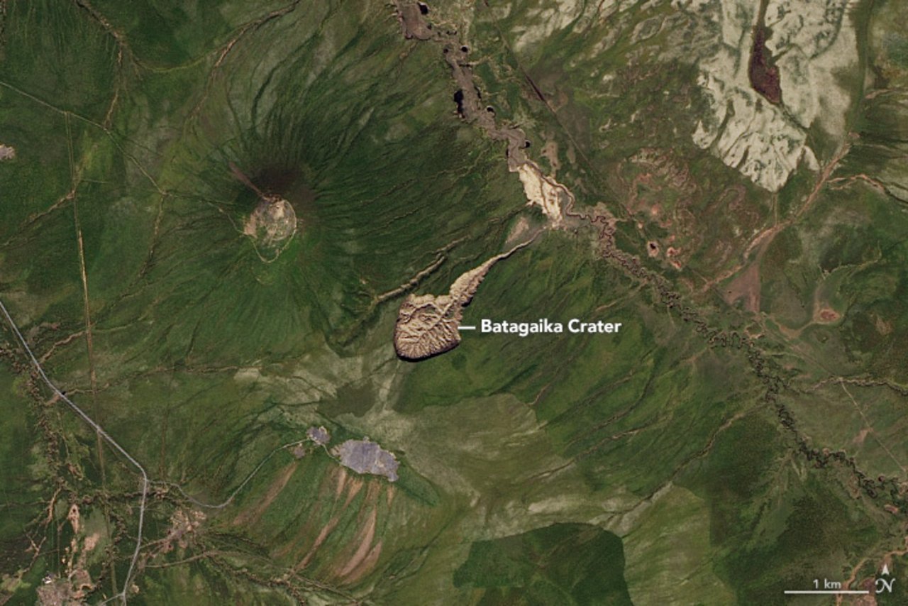 Gefunden wurde das Fohlen-Fossil zufällig in dem etwa 100 Meter tiefen Batagaika-Krater in der nordostsibirischen Taiga. (Bild NASA)