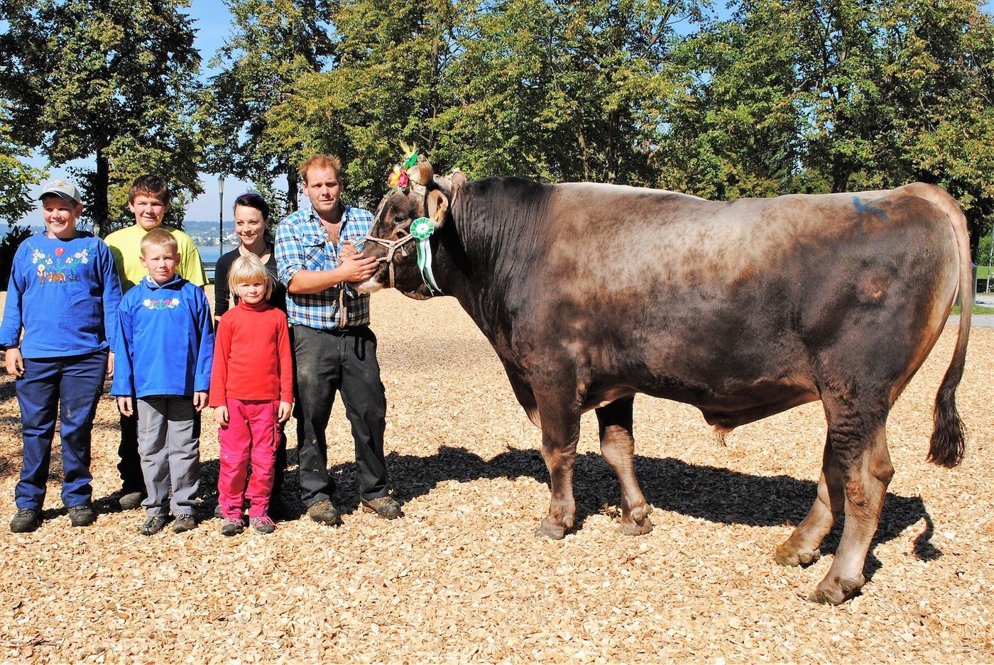 Prächtiger Stier und stolze Züchterfamilie: Mister March News  Johnny von Heinz Mäder, Tuggen.  (Bilder Franz Philipp)