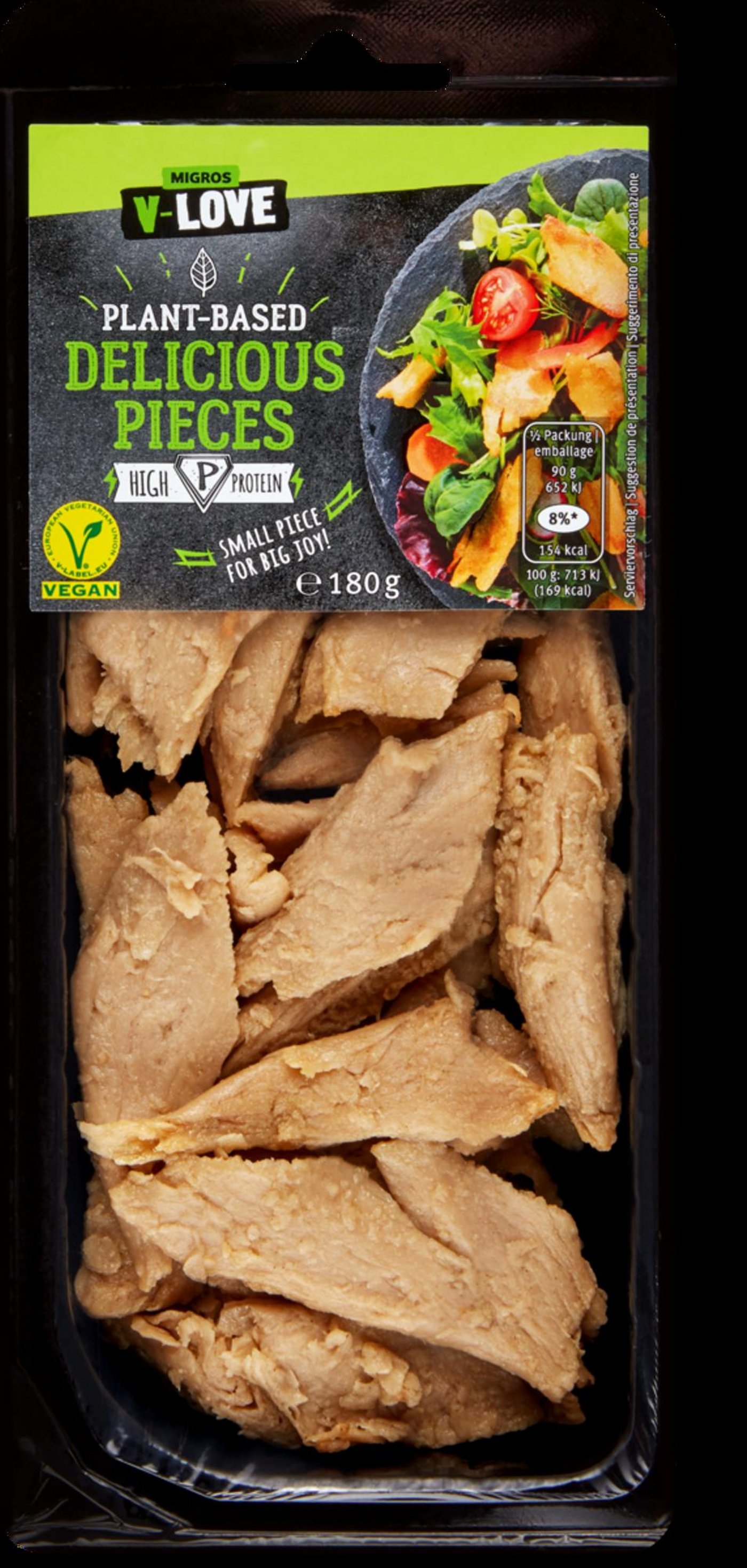 Beim Vegi-Produkt «Delicious Pieces» der Marke V-Love der Migros ging die Deklaration des möglichen Allergens Soja vergessen. (Bild Migros)