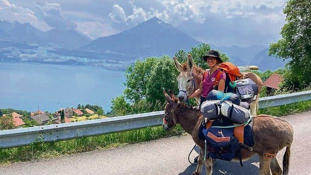 Unterwegs über dem Thunersee: Sofia Benagli mit dem 7-jährigen Wallach Leopoldo und der 19-jährigen Eselin Batuffola. Im Hintergrund der Niesen. 