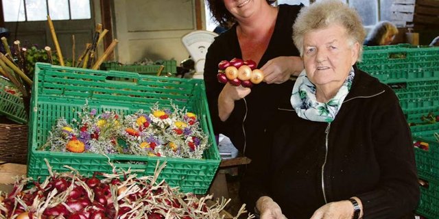 Für Gaby Iseli (hinten) und ihre Mutter Hanni Iseli hat der Zibelemärit in Bern Tradition. Unzählige Stunden und viel Herzblut sind nötig, bis die tausenden Kilo Zwiebelzöpfe für den Verkauf bereitstehen. (Bild Andrea Wyss)