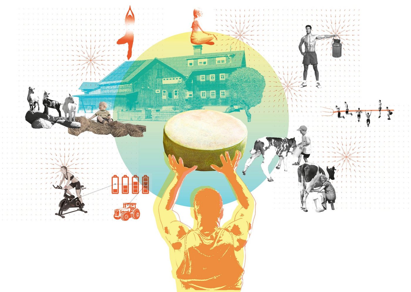 Sind Bauernhöfe in Zukunft auch Fitnesszentren? Bunt sind  die Illustrationen und Geschichten zu einer möglichen Landwirtschaft der Zukunft. Bunt ist auch die Gruppe von 18 Persönlichkeiten, welche diese für das Bundesamt für Landwirtschaft entworfen hat. (Bild BLW)