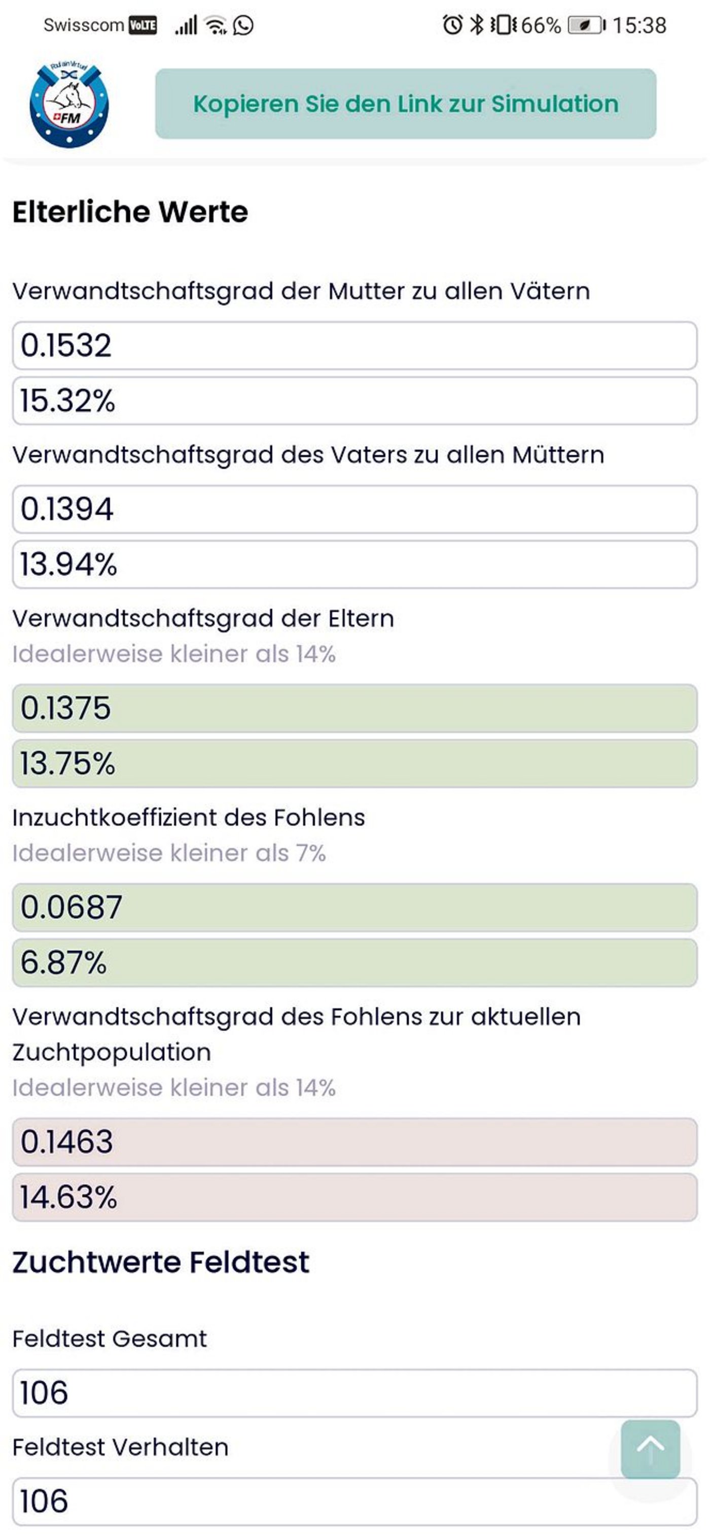 Diese Ansicht zeigt sich nach einer virtuellen Anpaarung. In Grün die Werte, die ideal sind, in Rot jene, die zu hoch sind. (Screenshot sb)