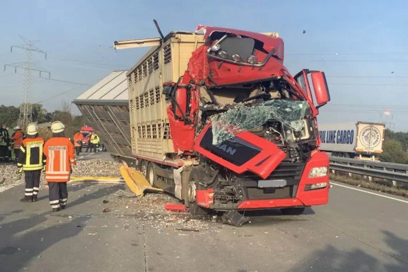 Der Schweinelaster fuhr aus ungeklärter Ursache auf einen Sattelzug auf. (Bild Kreisfeuerwehr Rotenburg)