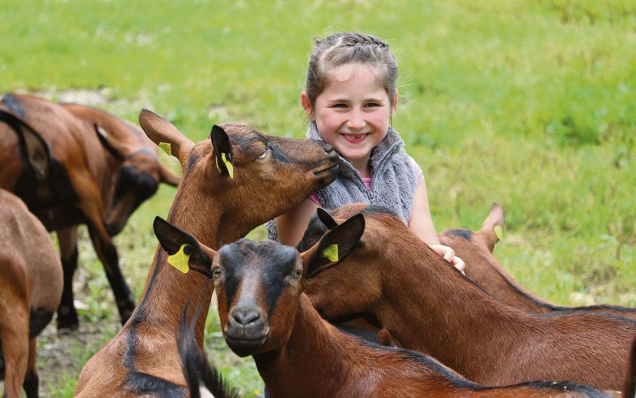Die sechsjährige Tochter Mia liebt Ziegen und ist auch schon eine gute Handmäherin. 