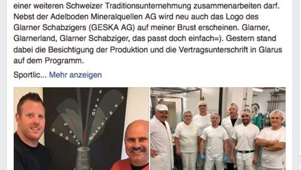 Mit diesem Facebook-Post informiert der amtierende Schwingerkönig seine Fans über den neuen Werbedeal. (Bild Screenshot facebook.com/maetthelglarner)