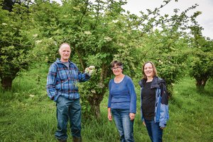 Porträt: Für den Holunder wird viel Zeit investiert Sie haben sich auf ihrem Betrieb ein Standbein mit Holunder aufgebaut (v. l. n. r.): Peter, Katharina und Katya Grundbacher.(Bild Barbara Heiniger)
