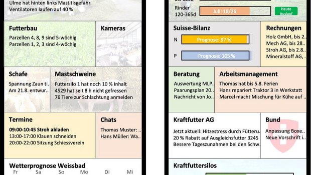 Konzeptionelle Oberfläche einer FMIS-App. Diese soll durch individuell zusammenstallbare Kacheln dazu dienen, innert kürzester Zeit die wichtigsten Geschehnisse auf dem Betrieb zu überlicken. Ausserdem soll sie Betriebsleitende bei Entscheiden unterstützen. (Hans Fässler)