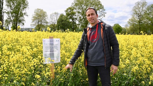 Reto Minder, Präsident Swiss No-Till, zeigt eine Rapskultur, die mit Begleitpflanzen gesät wurden. Die Begleitpflanzen sorgen dafür, dass der Boden immer bedeckt bleibt. (Bild Jasmine Baumann)