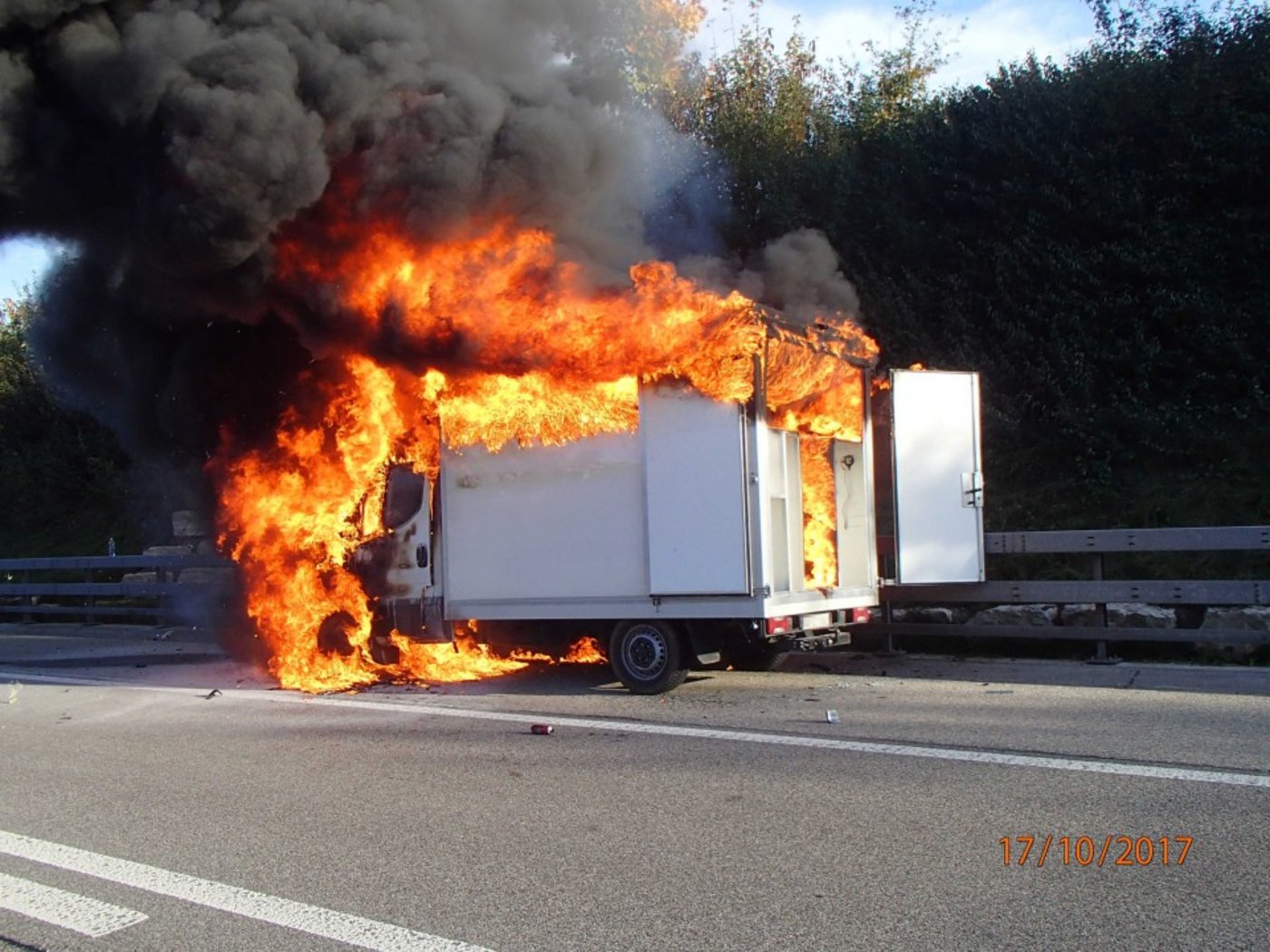 Der Pferdetransporter im Vollbrand: Die beiden geladenen Pferde hatten Glück im Unglück. (Bild Kapo AG)