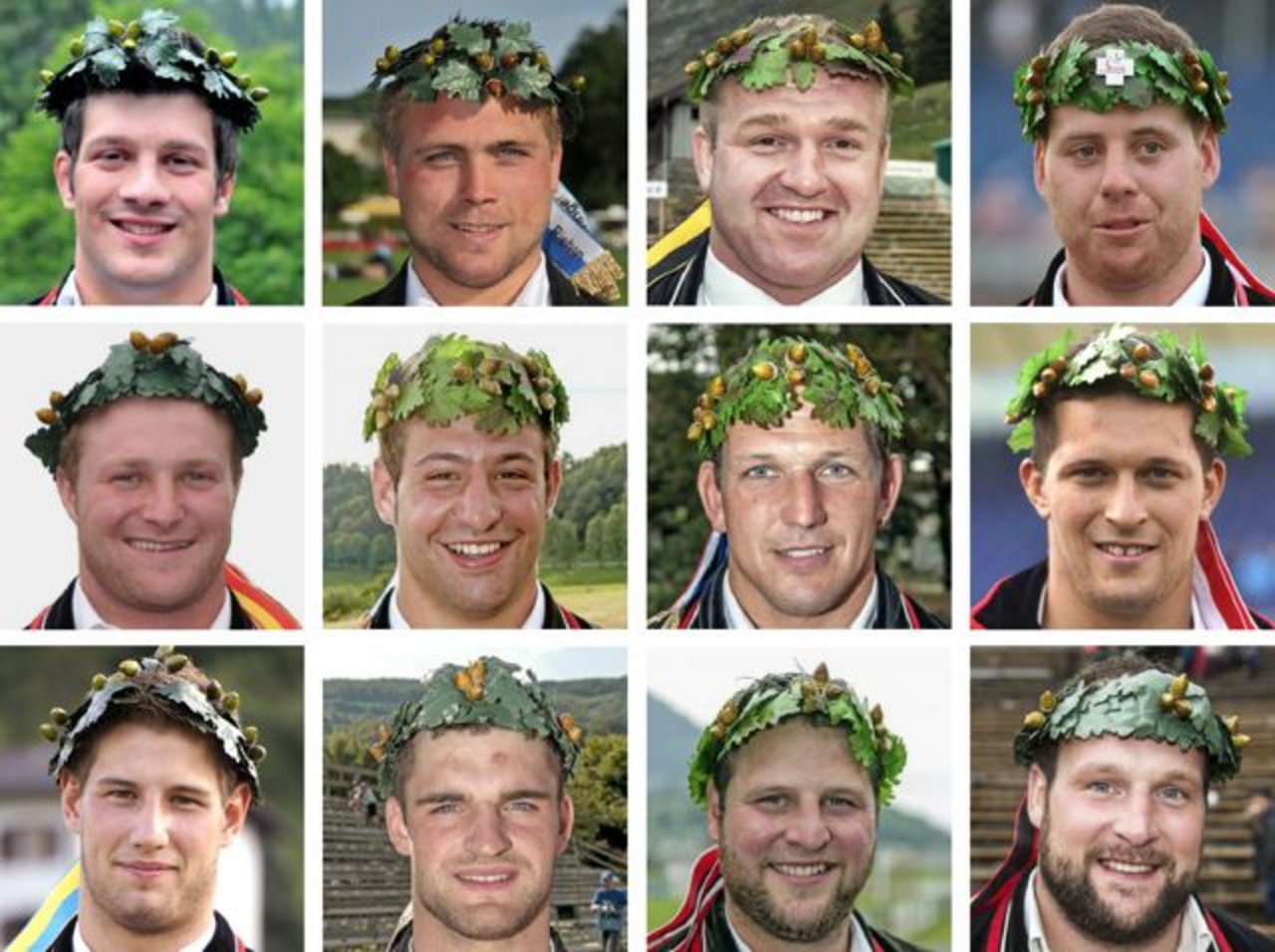 Neben Matthias Sempach konnten sich folgende Bauern einen Kranz aus Eichenlaub Gewinnen: Schenkel Adrian, Graber Willy, Zaugg Thomas, Anderegg Simon, Urlich Andreas, Reusser Philipp, Gisler Bruno, Mathis Marcel, Rychen Roger, Schmid David, Horner Peter und Sempach Thomas. Im Bild sind sie von oben links nach unten rechts angeordnet, gemäss der Rangliste. (Bilder Webseiten der Schwinger, Schlussgang.ch, ISV, BauZ)