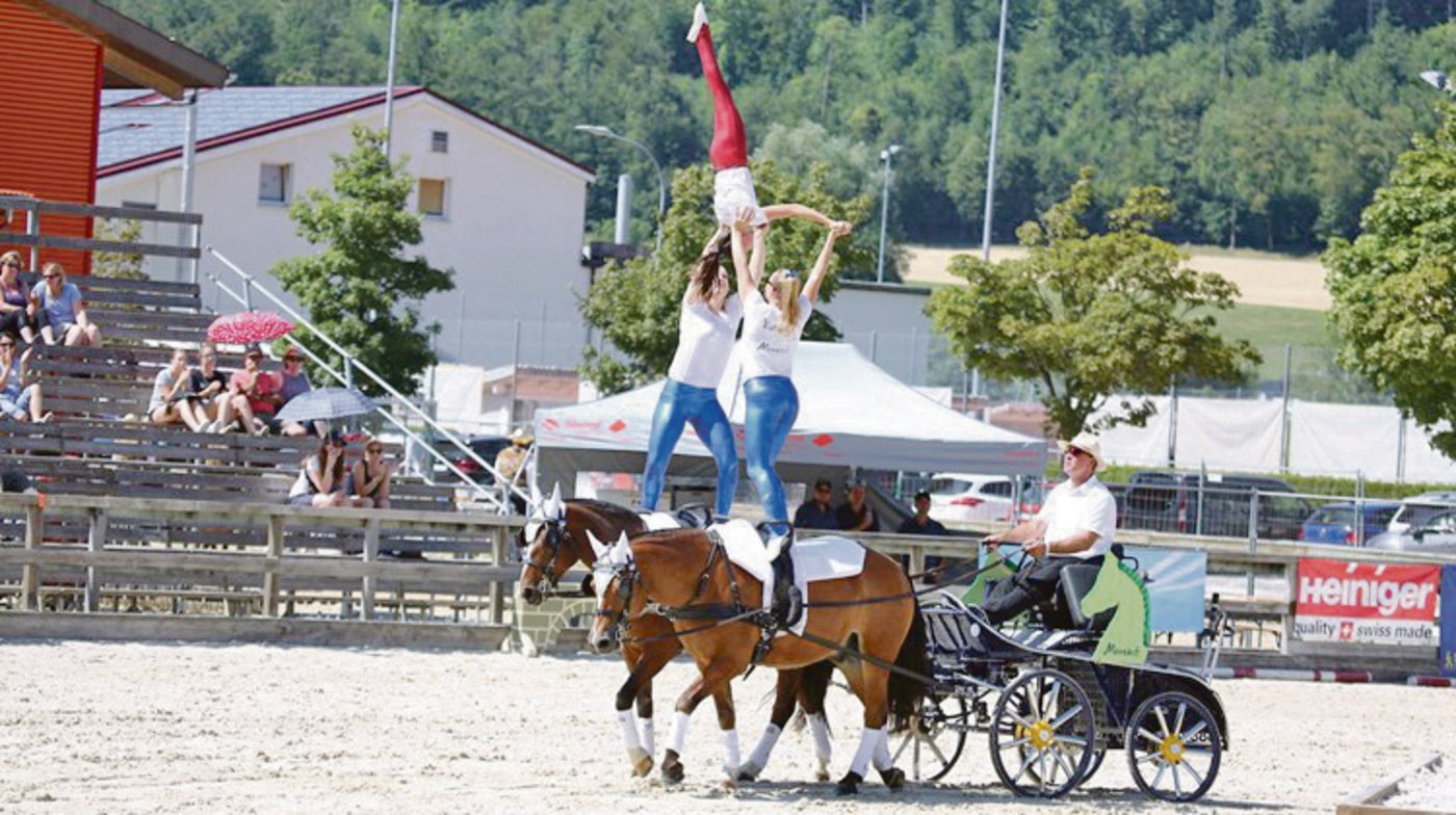 Die Voltigegruppe vom Mooshof kann normalerweise jedes Jahr diverse Auftritte, wie hier 2018 in Balsthal, planen. Heuer war nichts möglich. (Bild sb)